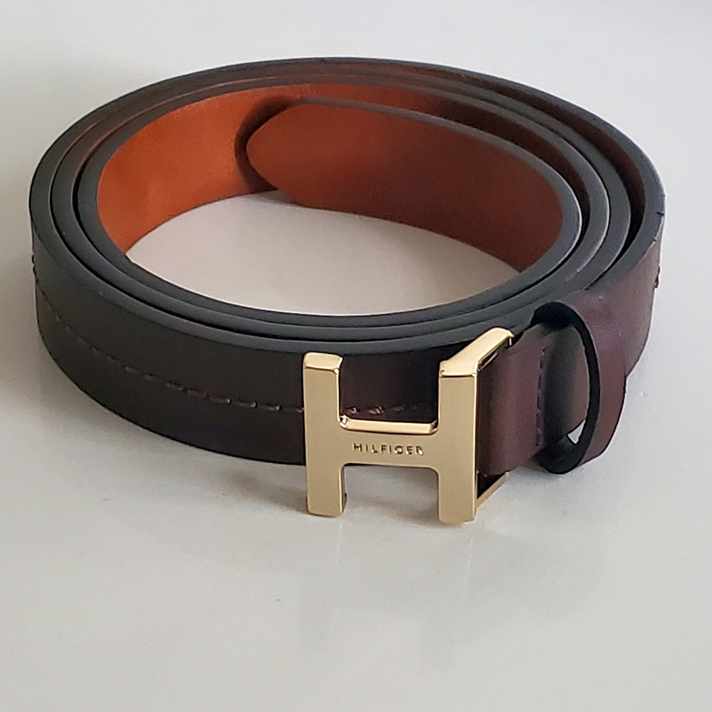🎀Luxury Tommy Hilfiger Women's Slim Leather Belt Chic Gold H Monogram Accent🎀 - Picture 3 of 5